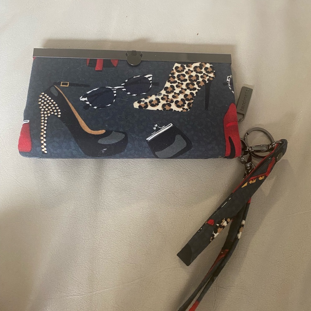 Trendy Women's Clutch with Wristlet - Blueish Grey and Red.